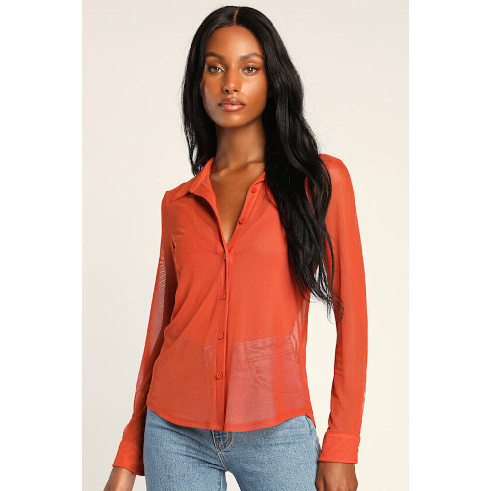 Lulus Cool Attitude Rust Orange Sheer Mesh Button-up Long Sleeve Top - Size M